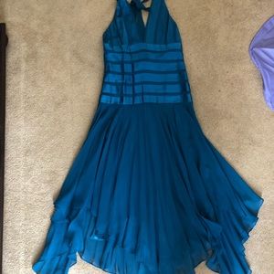 BCBG Maxazria, silk Teal halter dress, size 12